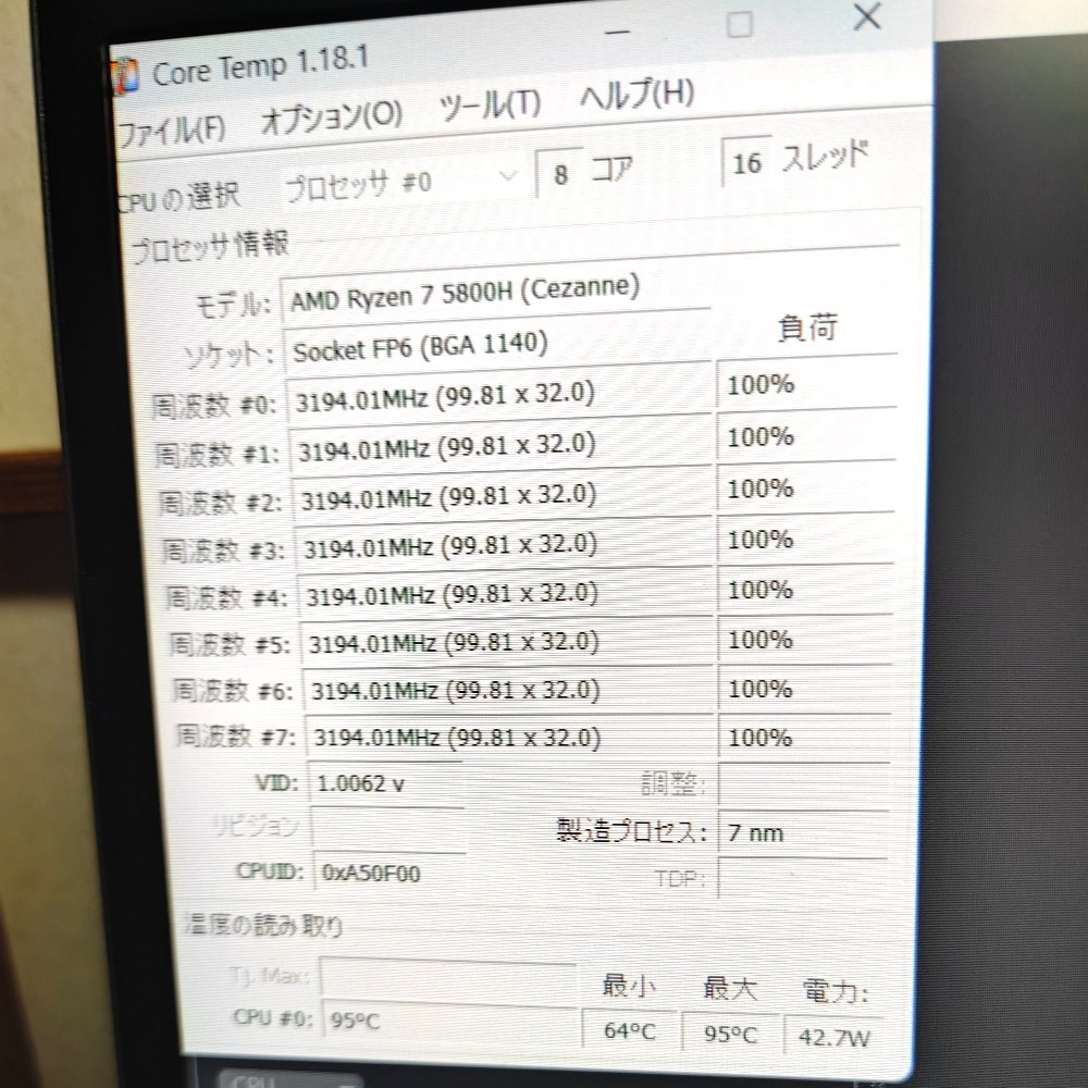 CinebenchR15中の温度(Gamingモード)