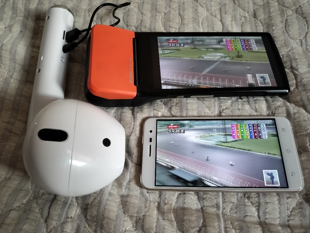 別の端末と謎の巨大なAirPodsもどきと共に。