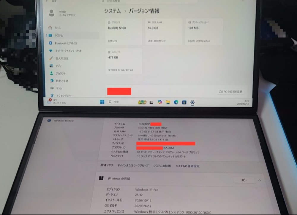N100搭載、OSはPro版だった。