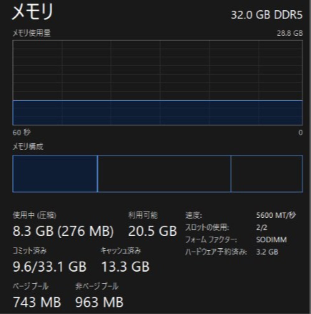 （12）タスク マネージャーでメモリ タブを開いた様子。VRAMとして3GBあてられているため、メインメモリとして使えるのは約29GB