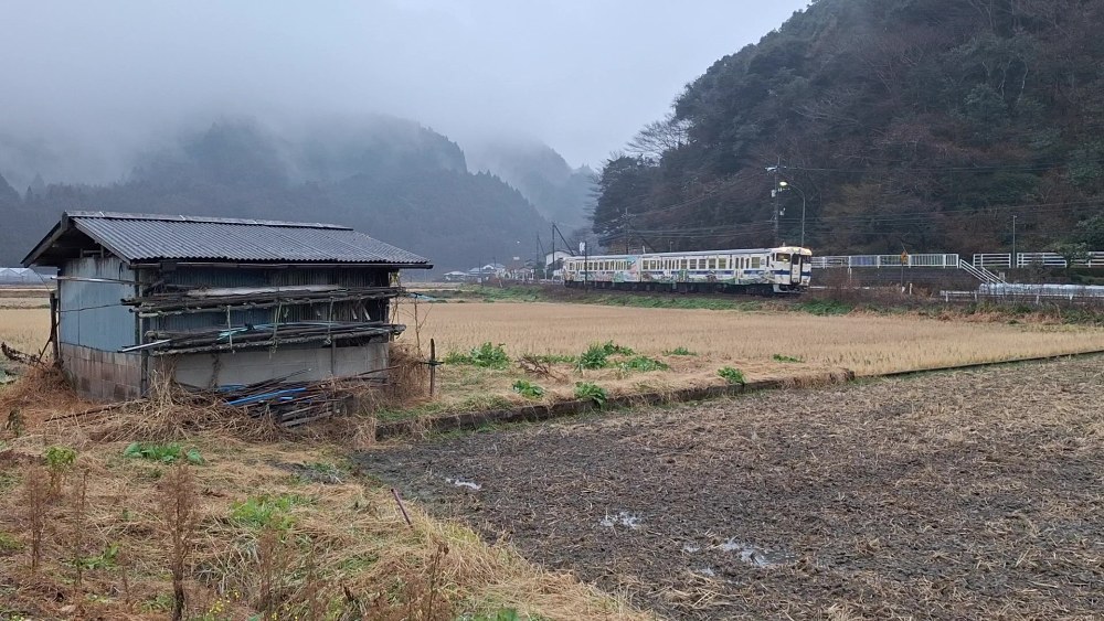 霧が山に立ち込める中走るキハ47-8132+8121（2025年2月）