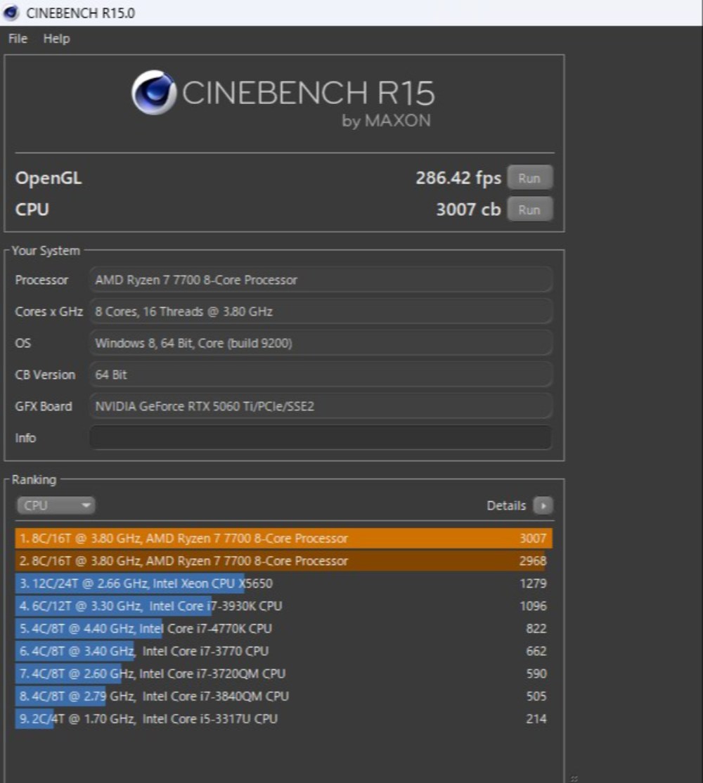 シネベンチR15。core i7 9700は1200ぐらいだったかな?憶えてない。