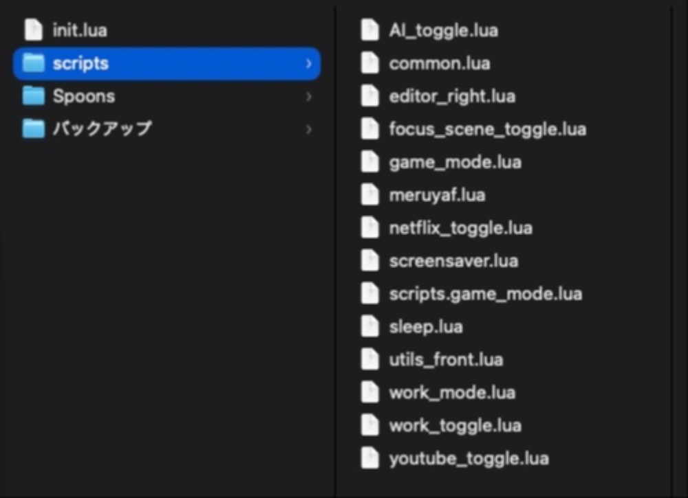 このフォルダを見たとて・・って感じですが、「init.lua」を母艦にして各アクション(URL)をScriptフォルダに生成して動かす感じです。