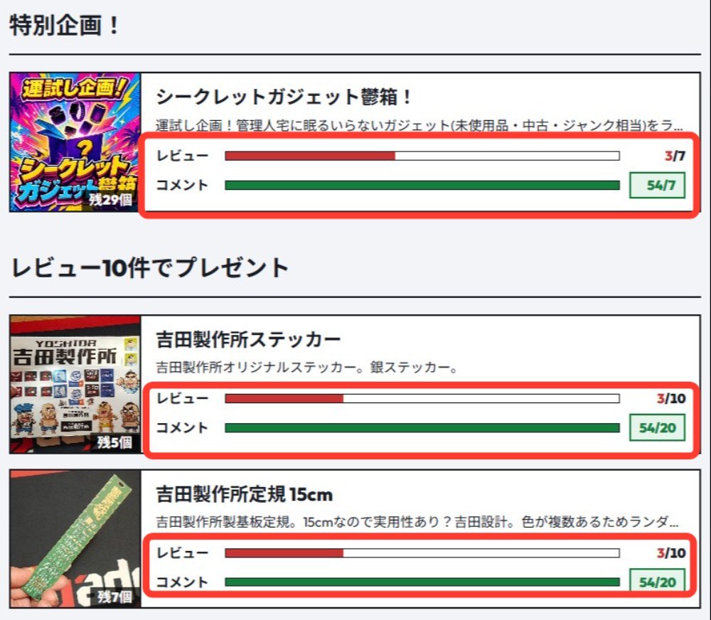 レビューやコメントの数でプレゼントと交換!
