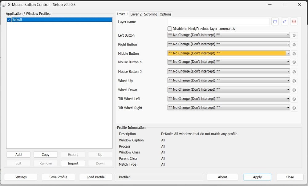 X-Mouse Button Control の画面。