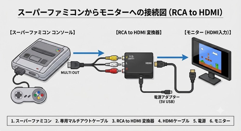 AI作成の接続図（何故かモニターにはファミコンマリオ）