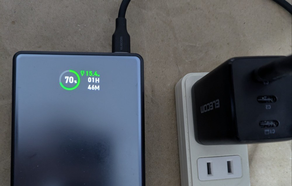 時間01:58、残量70%、15.4w