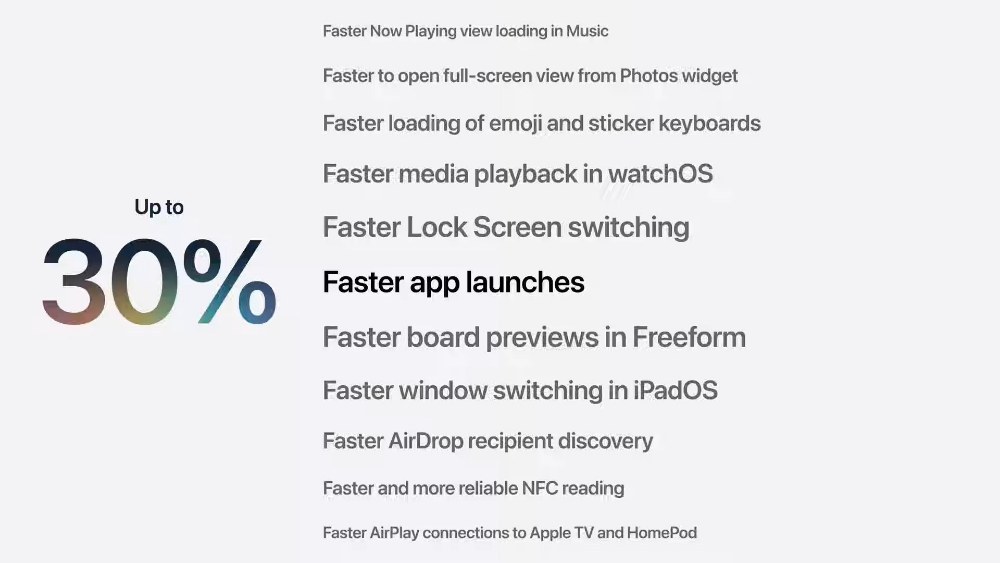 アプリの起動が最大30%高速化したと語っているシーン( "WWDC 2026 — June 8"より引用)
