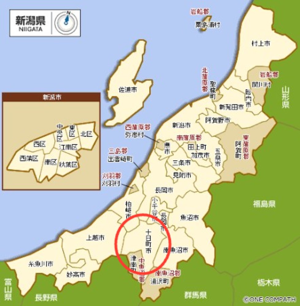 〇で囲んであるところが十日町市です。