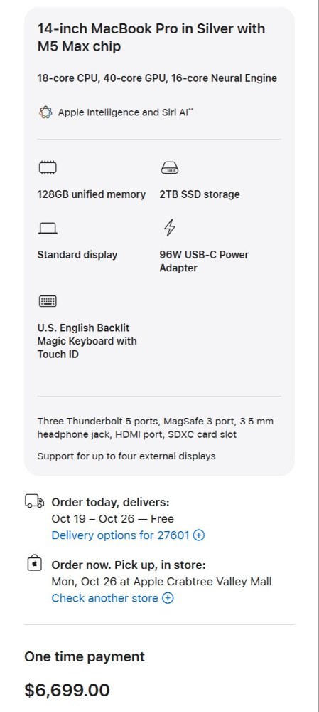 MacBook Proのメモリ128Gは税抜き約$6700だ