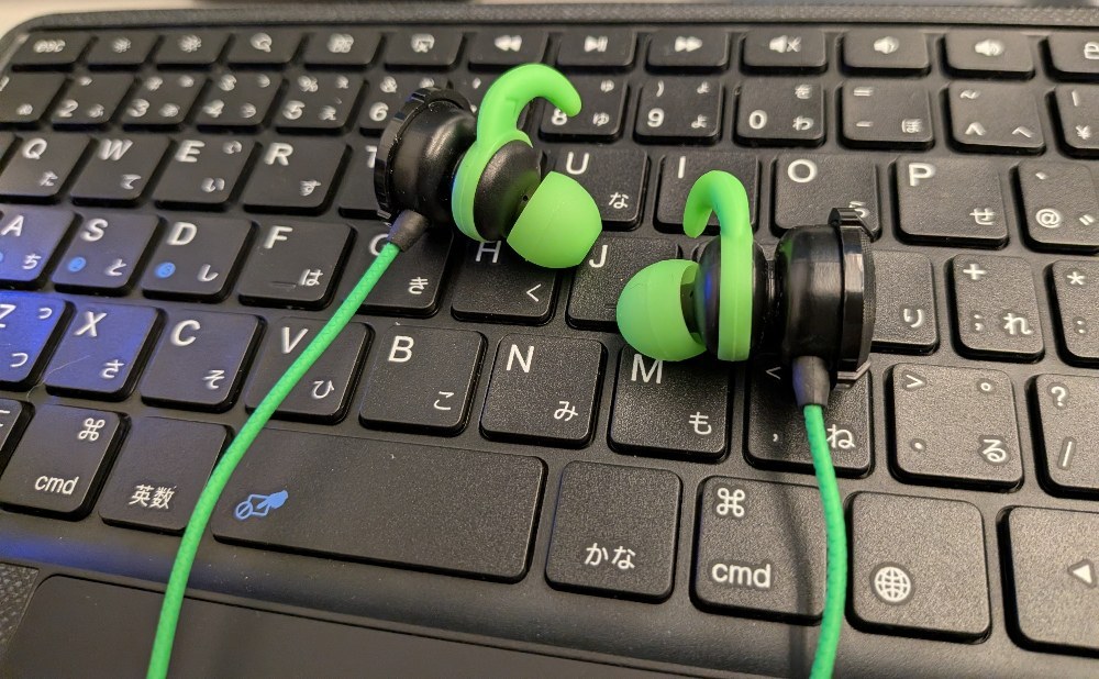有線イヤホン。断線しにくいカナル型ならなんでもいいですが、ケーブルが絡まりにくいということでこちらに。